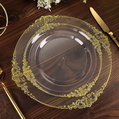 10-Pack Plastic Round Dessert Plates 8" Clear with Gold Leaf Embossed Rim - Vintage Baroque Style Disposable Salad Plates