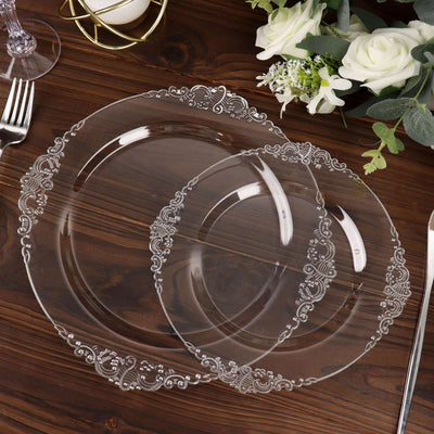 10-Pack Plastic Round Dessert Plates 8" Clear with Silver Leaf Embossed Rim - Vintage Baroque Style Disposable Salad Plates