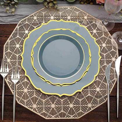 10-Pack Plastic Round Dessert Plates 8" Dusty Blue with Gold Scalloped Rim - Disposable Appetizer/Salad Plates