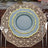 Decorative dining plates in blue and yellow on an elegant placemat.