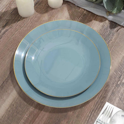 10-Pack Plastic Round Dessert Plates 8" Dusty Blue with Gold Rim - Glossy Disposable Appetizer Salad Plates