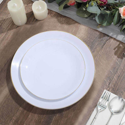 10-Pack Plastic Round Dessert Plates 8" White with Gold Rim - Glossy Disposable Appetizer Salad Plates for Weddings & Celebrations