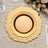 Elegant gold charger plates stacked on a decorative lace placemat.