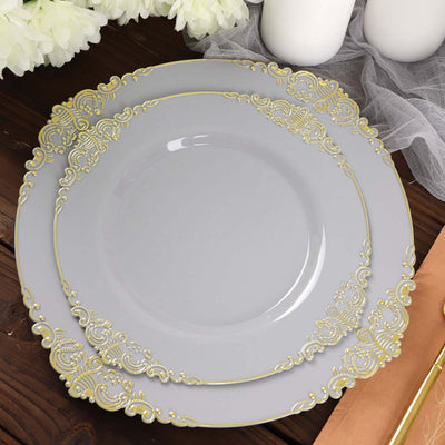 10-Pack Plastic Round Dessert Plates 8" Gray with Gold Leaf Embossed Rim - Vintage Baroque Style Disposable Salad Plates