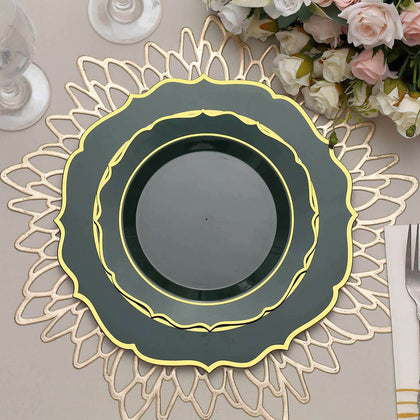 10-Pack Plastic Round Dessert Plates 8" Hunter Emerald Green with Gold Scalloped Rim - Disposable Appetizer/Salad Plates