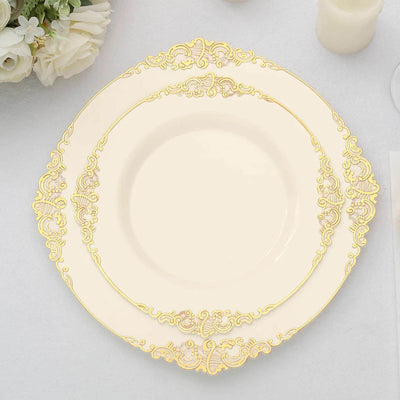 10-Pack Plastic Round Dessert Plates 8" Ivory with Gold Leaf Embossed Rim - Vintage Baroque Style Disposable Salad Plates