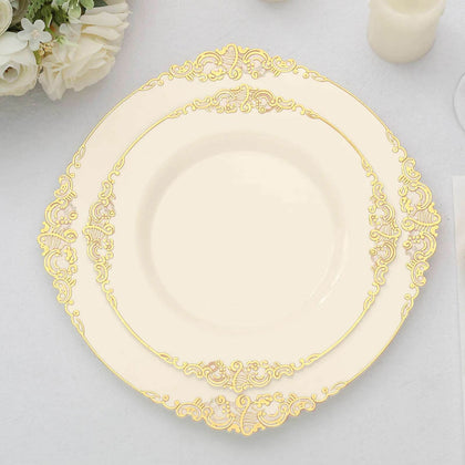 10-Pack Plastic Round Dessert Plates 8" Ivory with Gold Leaf Embossed Rim - Vintage Baroque Style Disposable Salad Plates