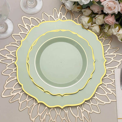 10-Pack Plastic Round Dessert Plates 8" Sage Green with Gold Scalloped Rim - Disposable Appetizer/Salad Plates