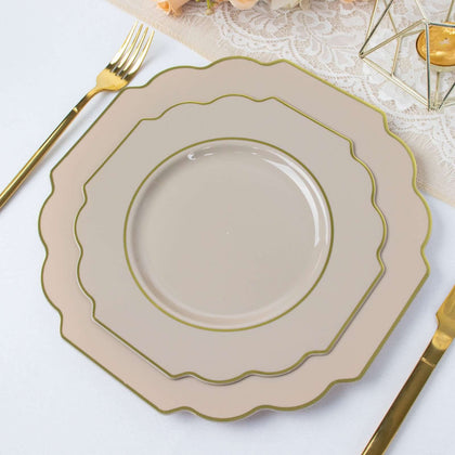 10-Pack Plastic Dessert Appetizer Plates 8" Taupe Baroque Design with Scalloped Gold Rim - Heavy Duty Disposable Salad Plates
