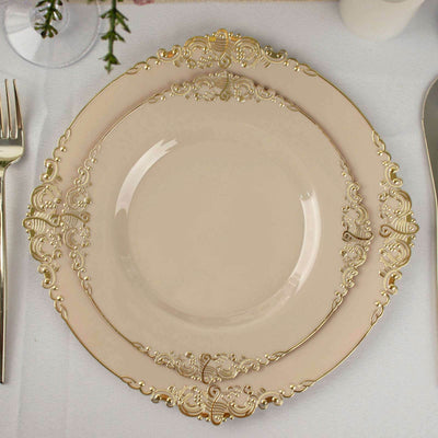 10-Pack Plastic Round Dessert Plates 8" Taupe with Gold Leaf Embossed Rim - Vintage Baroque Style Disposable Salad Plates