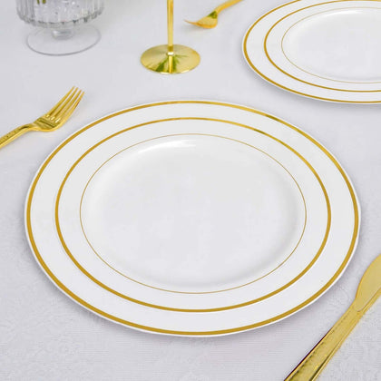 10-Pack Plastic Dessert Plates 8" White with Très Chic Gold Rim - Durable Disposable Salad Plates