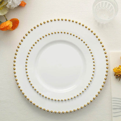 10 Pack Plastic Dessert Appetizer Plates in White with Gold Beaded Rim, Disposable Round Salad Party Plates 8"