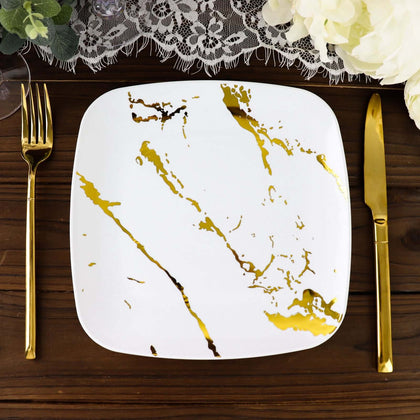 10-Pack Plastic Square Dessert Plates 8" White with Gold Marble Design - Disposable Appetizer Salad Party Plates for Sophisticated Dining & Festive Events