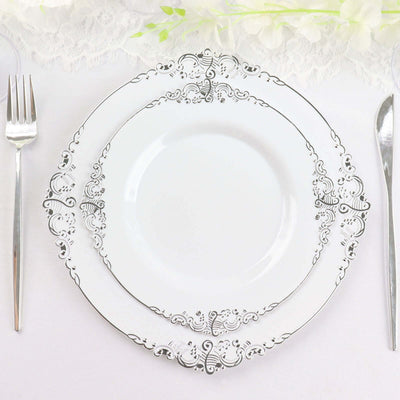 10-Pack Plastic Round Dessert Plates 8" White with Silver Leaf Embossed Rim - Vintage Baroque Style Disposable Salad Plates