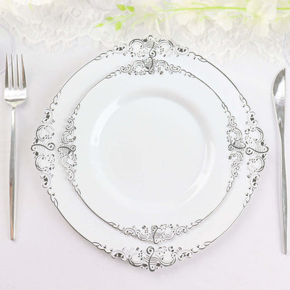 10-Pack Plastic Round Dessert Plates 8" White with Silver Leaf Embossed Rim - Vintage Baroque Style Disposable Salad Plates