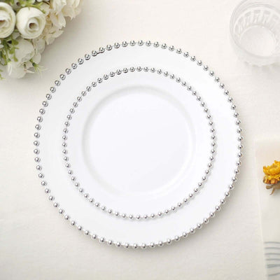10 Pack Plastic Dessert Appetizer Plates in White with Silver Beaded Rim, Disposable Round Salad Party Plates 8"