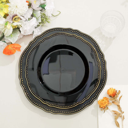 10-Pack Plastic Dinner Plates 9" Black with Gold Scalloped Rim - Disposable Party Plates