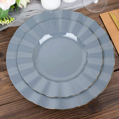10-Pack Plastic Round Dinner Plates 9" Dusty Blue Ruffled Rim with Gold Edging - Heavy Duty Disposable Dinnerware