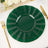 Green decorative plates with gold rims arranged on a dining table.