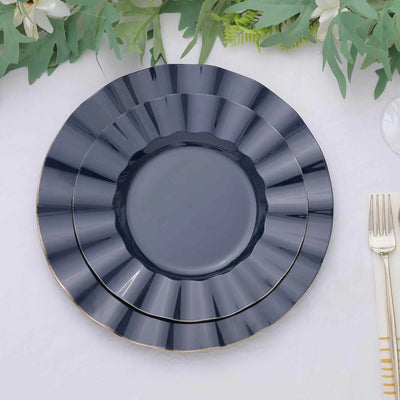 10-Pack Plastic Round Dinner Plates 9" Navy Blue Ruffled Rim with Gold Edging - Heavy Duty Disposable Dinnerware