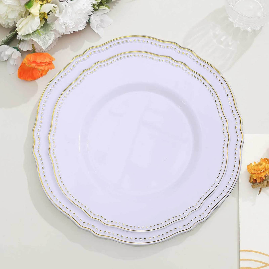 Lavender scalloped dinner plate with gold rim