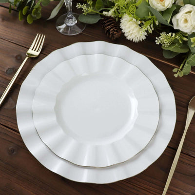 10-Pack Plastic Round Dinner Plates 9" White Ruffled Rim with Gold Edging - Heavy Duty Disposable Dinnerware for Upscale Buffets & Catered Events