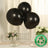 Black biodegradable balloons on a table with flowers and a green eco-friendly label.
