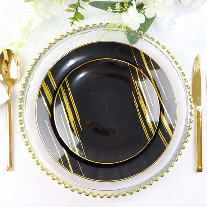 10-Pack Plastic Round Dessert Plates 7" Black with Gold Brush Stroked Print - Modern Disposable Appetizer Salad Plates