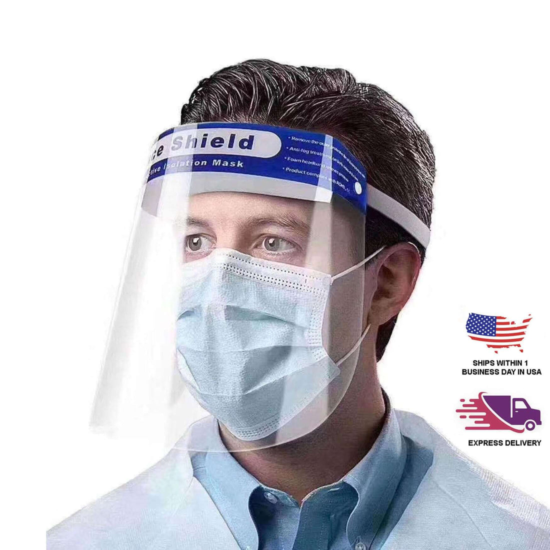 Protective face shield worn over a medical mask by a person.