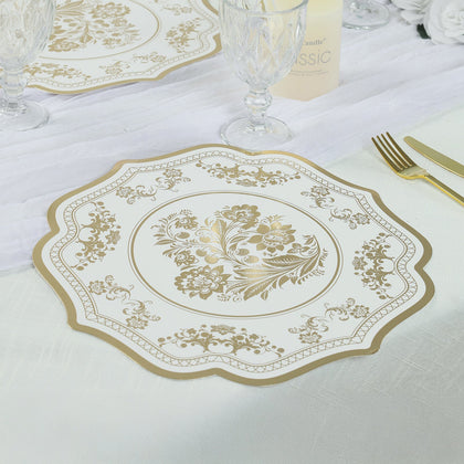 10 Pack Cardboard Paper Placemats with White Gold Damask Floral Pattern, 13" Round Disposable Table Mats with Scalloped Rim - 400 GSM