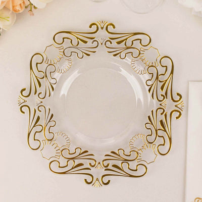 10-Pack Plastic Round Dessert Plates 8" Clear with Gold Vintage Baroque Scalloped Rim - European Style Disposable Salad Appetizer Plates