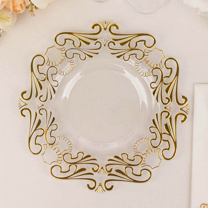 10-Pack Plastic Round Dessert Plates 8" Clear with Gold Vintage Baroque Scalloped Rim - European Style Disposable Salad Appetizer Plates