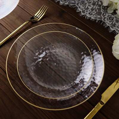 10-Pack Plastic Round Dessert Appetizer Plates 7" Clear Hammered Design with Gold Rim - Modern Disposable Salad Plates for Buffets & Catered Events