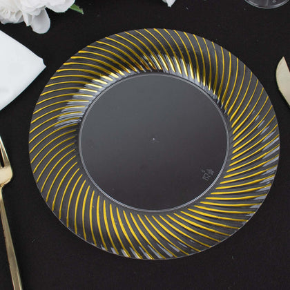 10-Pack Plastic Round Dinner Plates 9" Clear with Gold Swirl Rim - Disposable Party Plates