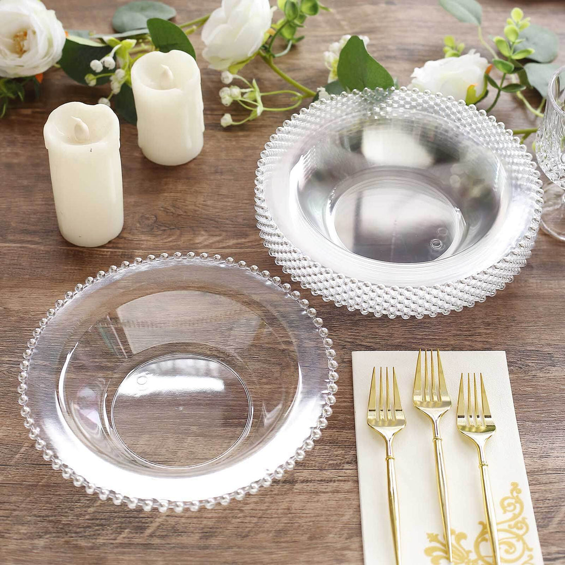 Elegant clear plastic bowls with decorative edges, perfect for entertaining.
