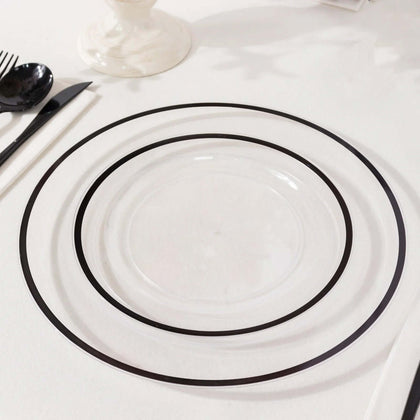 10-Pack Plastic Round Appetizer Plates 7" Clear with Black Rim - Classy Disposable Salad Plates