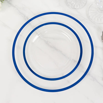 10-Pack Plastic Round Appetizer Plates 7" Clear with Blue Rim - Classy Disposable Salad Plates