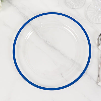 10-Pack Plastic Round Dinner Plates 10" Clear with Blue Rim - Sleek Disposable Party Plates