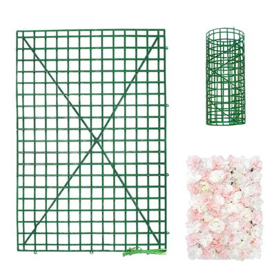 10 Pack Dark Green Plastic Mesh Flower Wall Panels, Artificial Plant Wall Fences Backdrop Grid Frames - 24"x16"