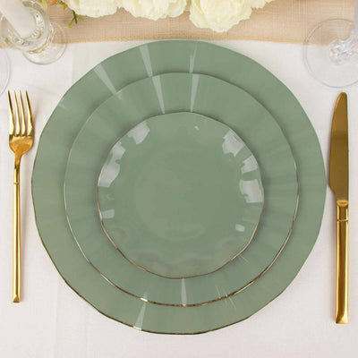 10-Pack Plastic Round Dessert Plates 6" Dusty Sage Green Ruffled Rim with Gold Edging - Heavy Duty Disposable Salad Appetizer Dinnerware