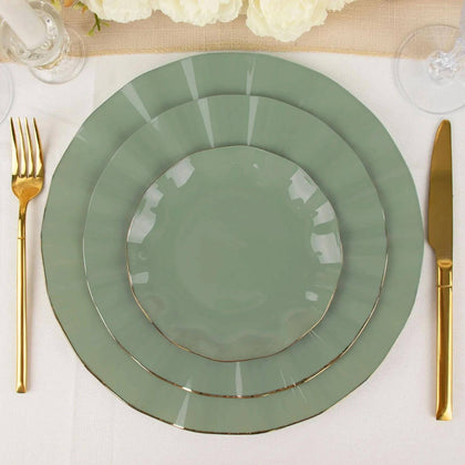 10-Pack Plastic Round Dessert Plates 6" Dusty Sage Green Ruffled Rim with Gold Edging - Heavy Duty Disposable Salad Appetizer Dinnerware