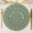 Elegant green dinner plates with gold trim, arranged on a table setting.