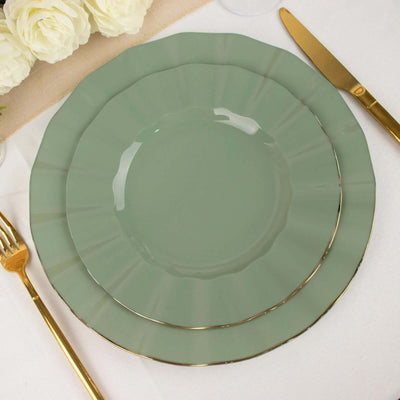 10-Pack Plastic Round Dinner Plates 9" Dusty Sage Green Ruffled Rim with Gold Edging - Heavy Duty Disposable Dinnerware