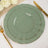 Green scalloped dinner plates with gold trim on a white table setting.