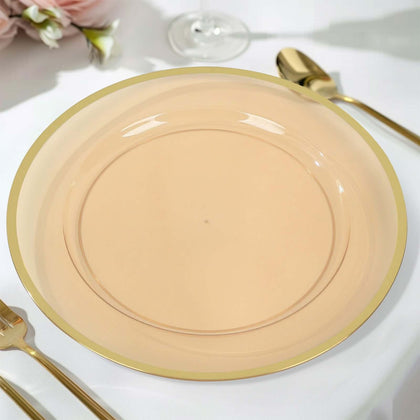 10-Pack Economy Plastic Charger Plates 12" Round Amber Gold with Wide Gold Rim - Dinner Party Serving Plates