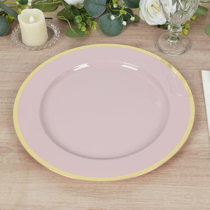 10-Pack Economy Plastic Charger Plates 12" Round Blush with Wide Gold Rim - Dinner Party Serving Plates