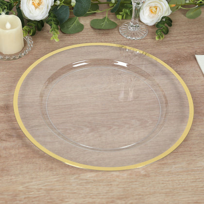 10-Pack Economy Plastic Charger Plates 12" Round Clear with Wide Gold Rim - Dinner Party Serving Plates