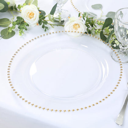 10-Pack Economy Plastic Charger Plates 13" Round Clear with Gold Beaded Rim - Stylish Dinner Party Serving Plates