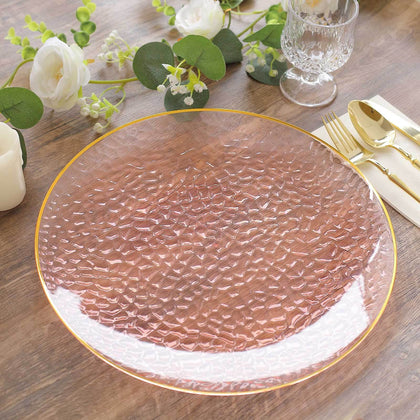 10 Pack Economy Plastic Charger Plates 13" Round Transparent Blush Hammered Design with Gold Rim - Decorative Dinner Party Serving Plates