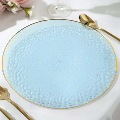 10 Pack Economy Plastic Charger Plates 13" Round Transparent Dusty Blue Hammered Design with Gold Rim - Decorative Dinner Party Serving Plates